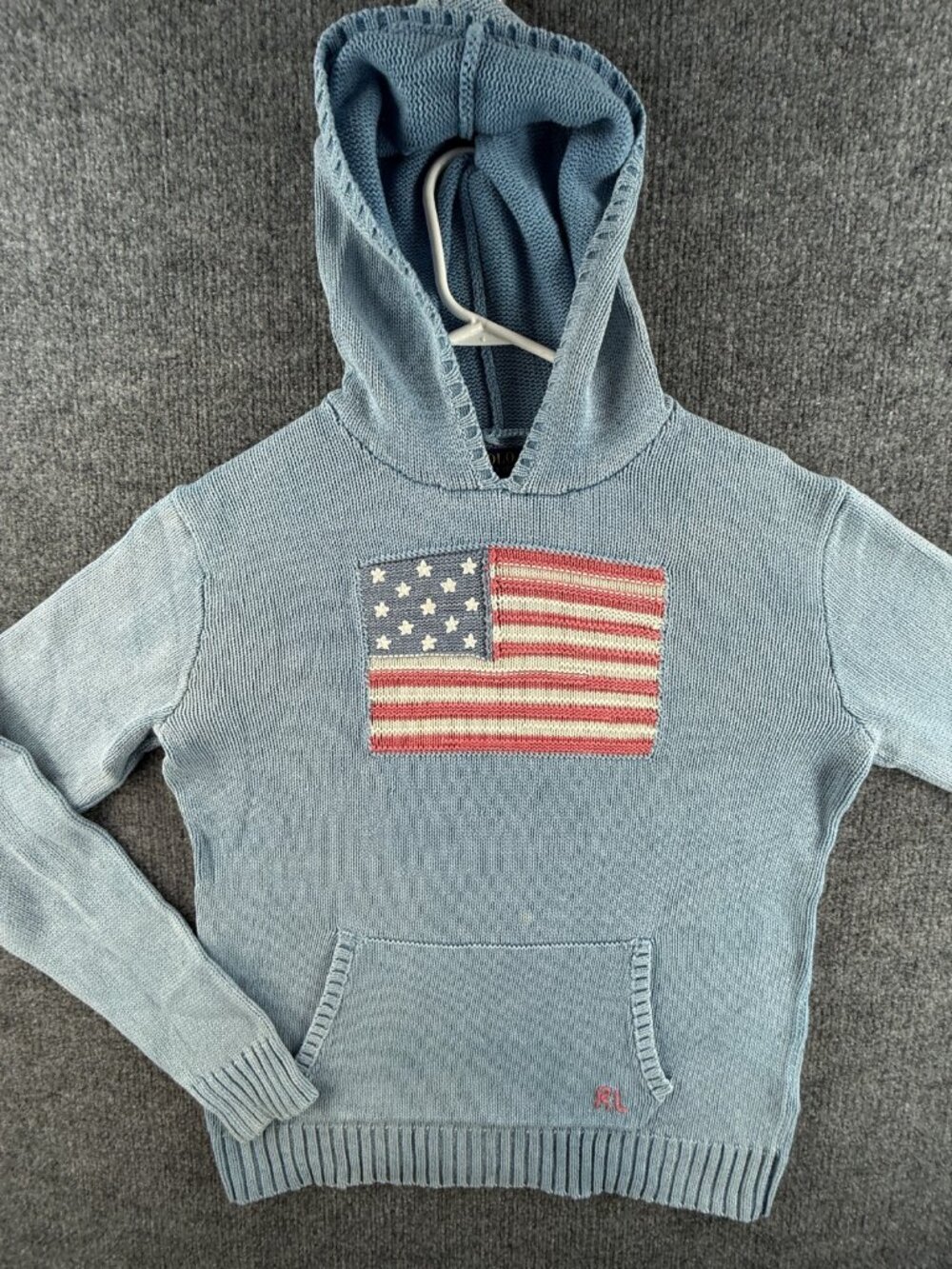 Polo Ralph Lauren Flag Sweater Graphic Pullover Hoodie Light Blue Teens XL 18-20